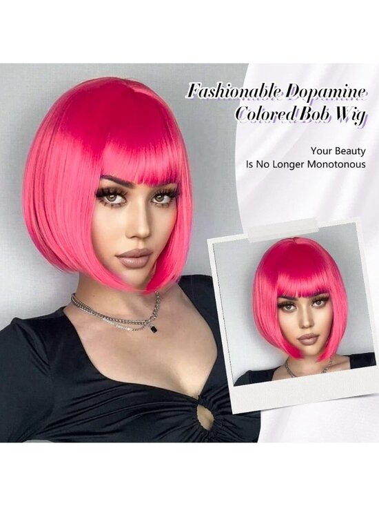 Women Hot Pink Heat Resistant Synthetic Bob Party Neon Wig Bangs 12 Inch main image 6
